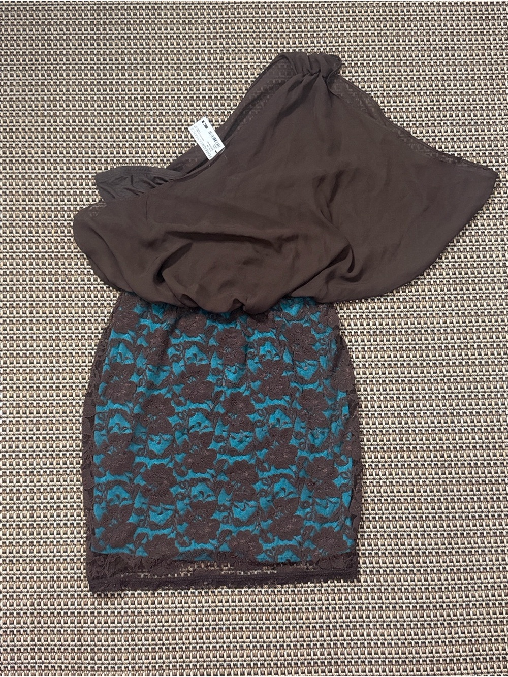 Brown Lace Overlay Pencil Skirt with Teal Underlay